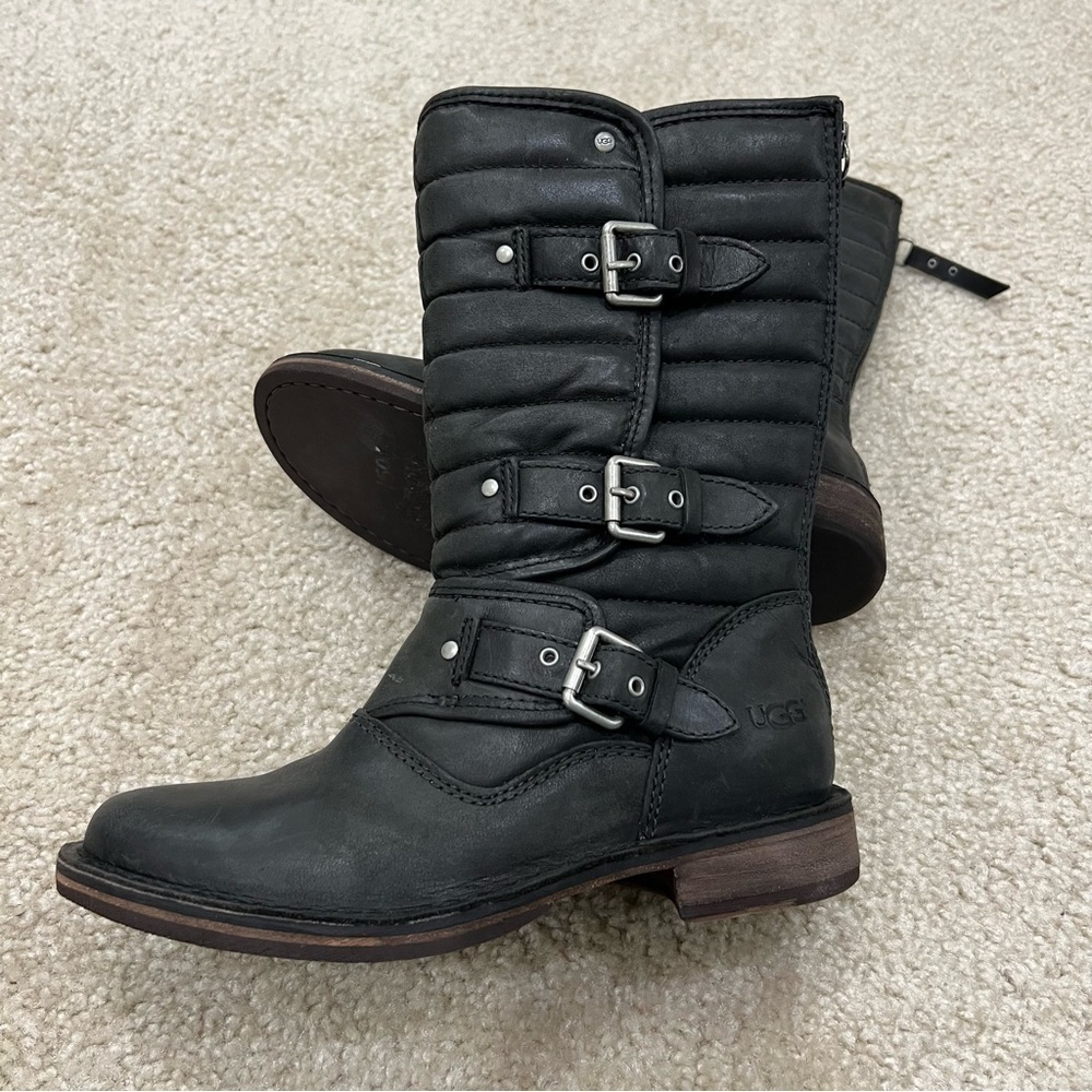 UGG Australia Women's Sz 5 Tatum Black Leather Buckle Moto Riding Boots 1001833